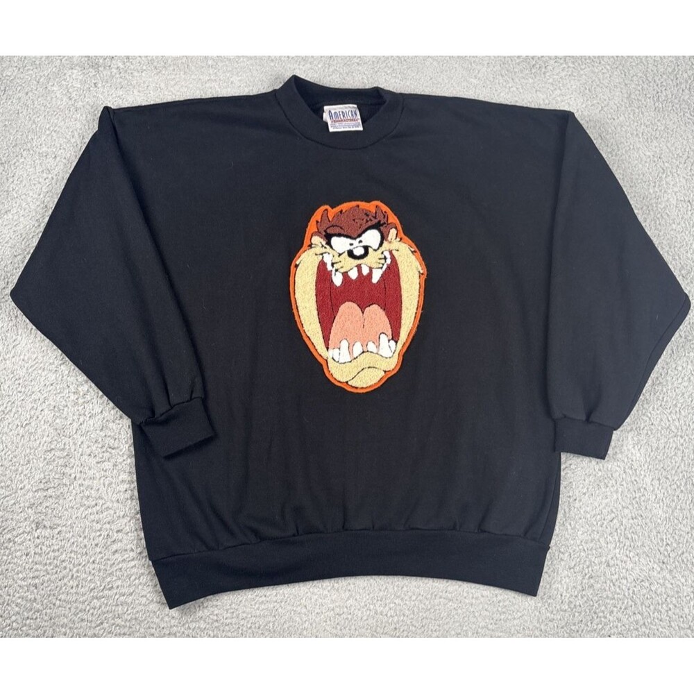 VTG 1993 American Taz Black Embroidered Crewneck Sweatshirt XL Looney Tunes